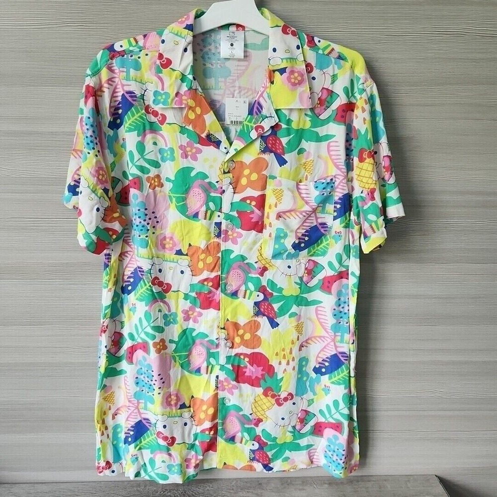 Hello Kitty Graphic‎ Short Sleeve Hawaii Button Shirt Tropical Floral Beach Sz L